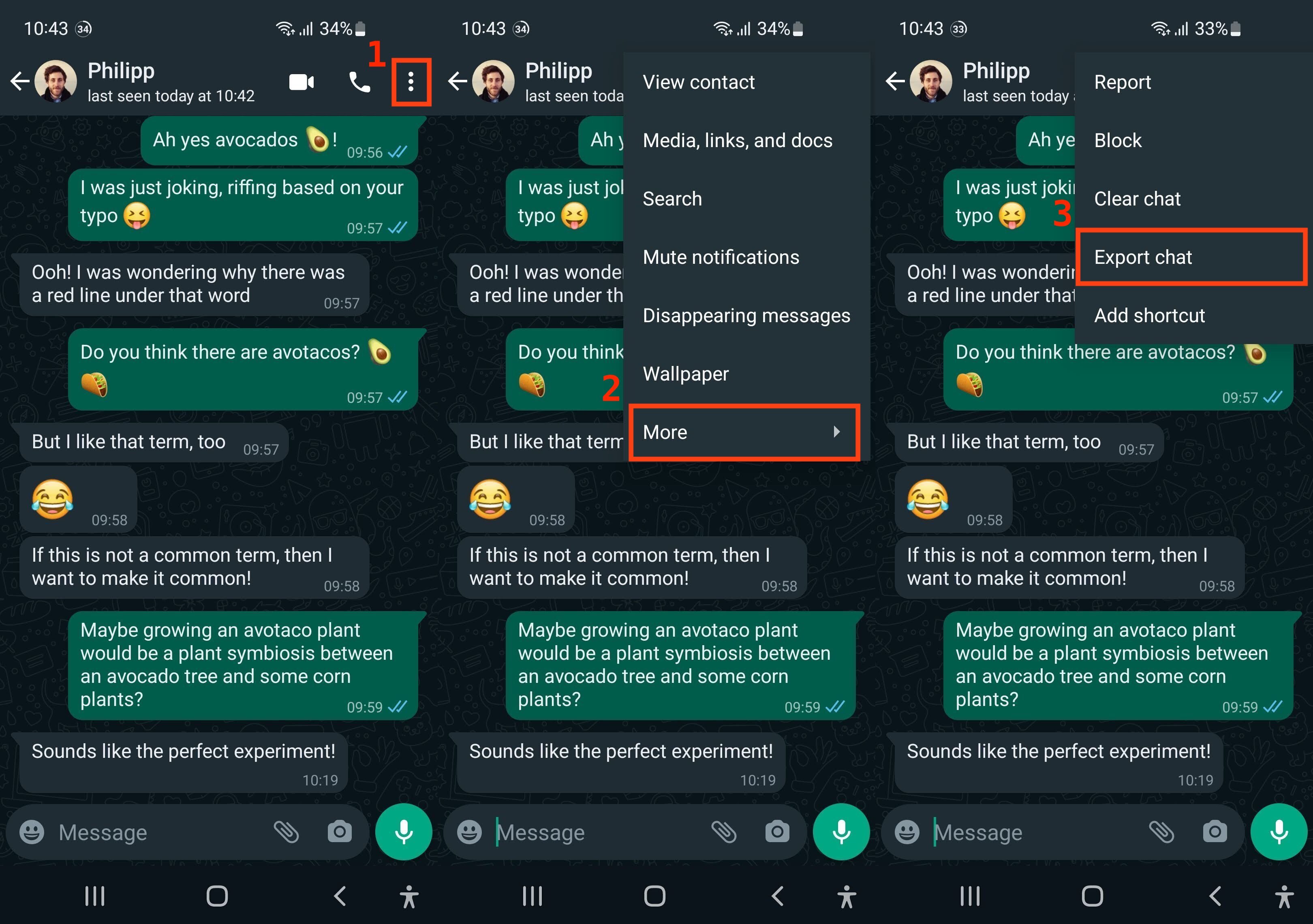 3 WhatsApp screens showing how to access the export menu