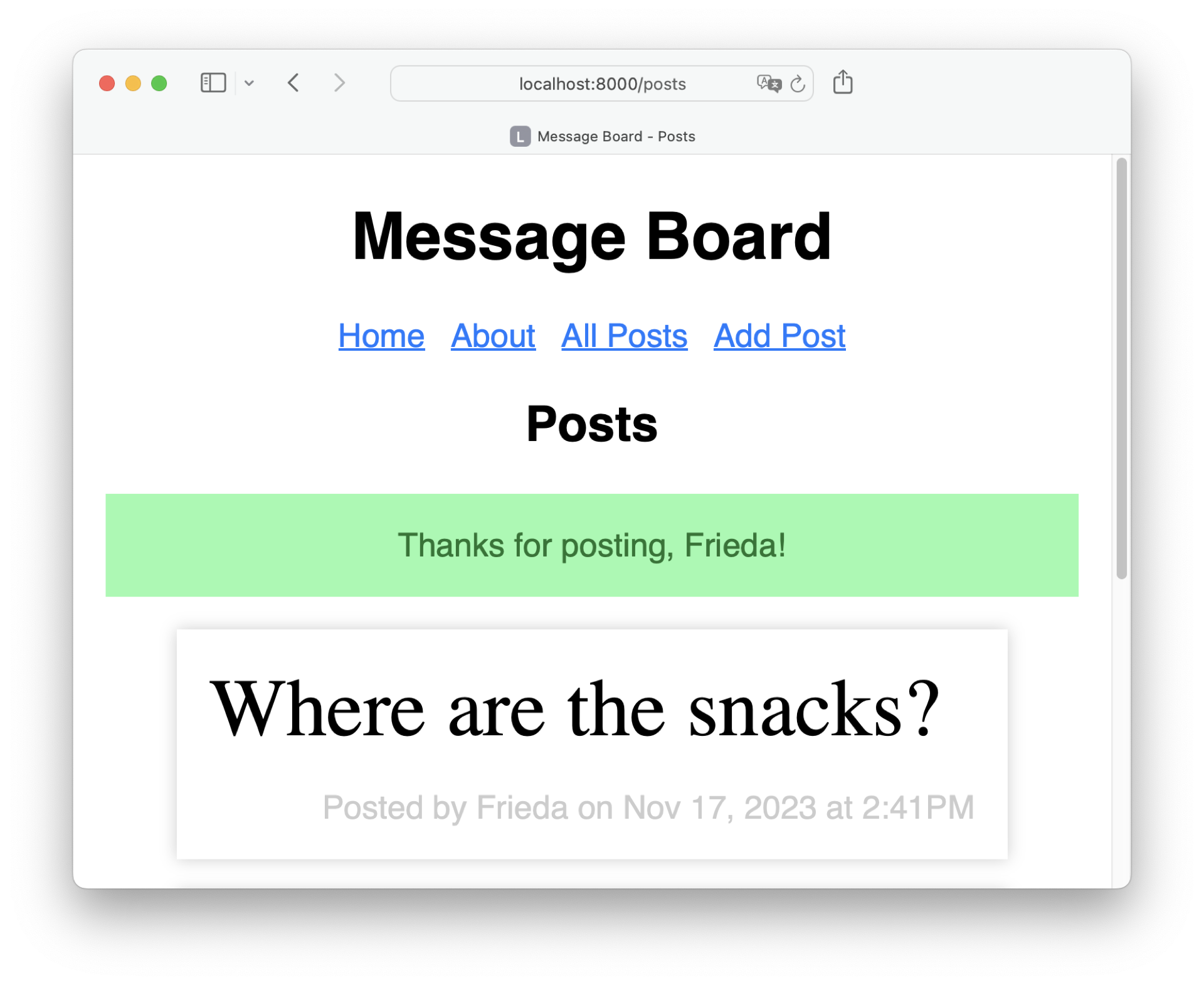 Page with a success notification message showing
