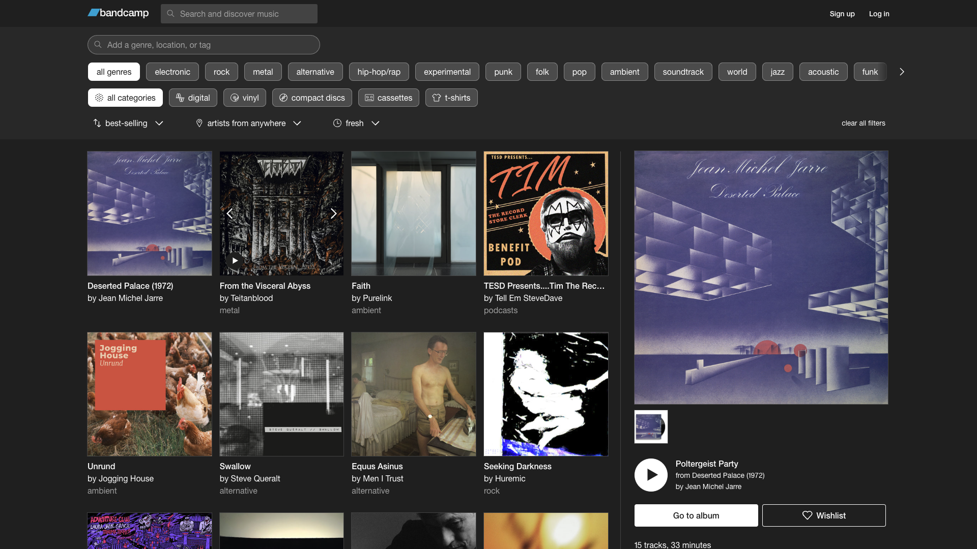 A view of the Bandcamp Discover page that shows album artwork, a player, and genre selection buttons on the top