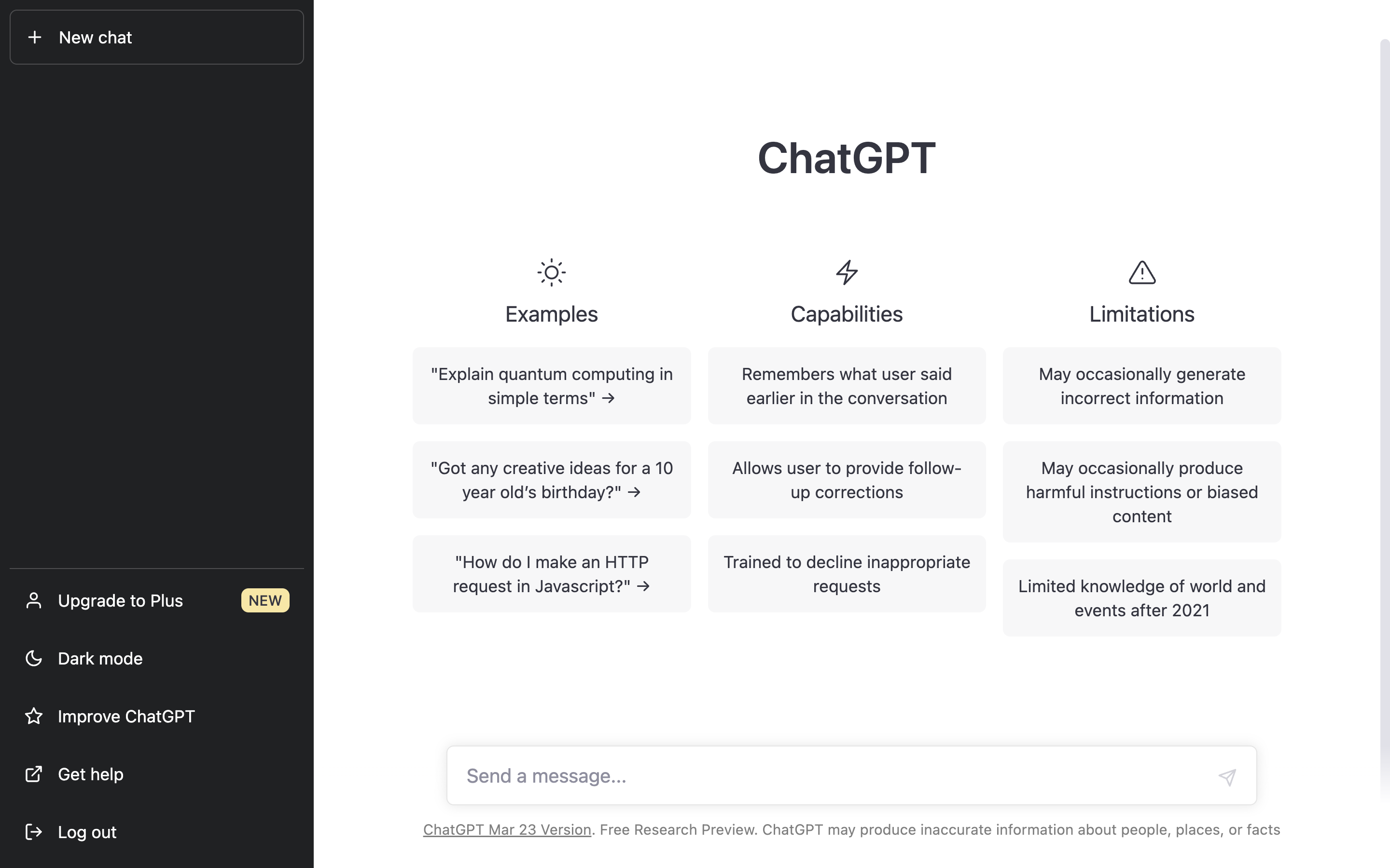 ChatGPT main chat page, showing the conversation tab on the left side, and suggested prompts to the right