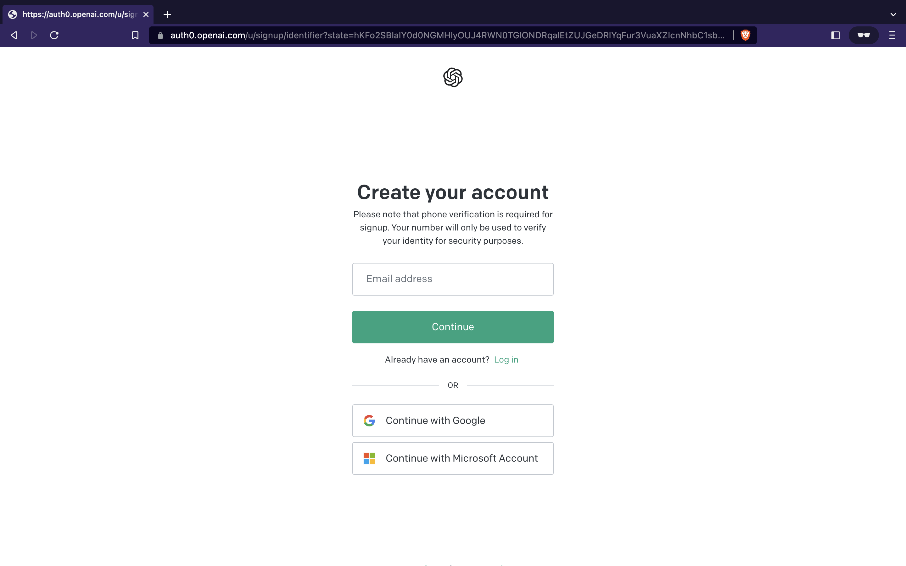 ChatGPT sign up page, giving options to create an account via email, Google, or Microsoft