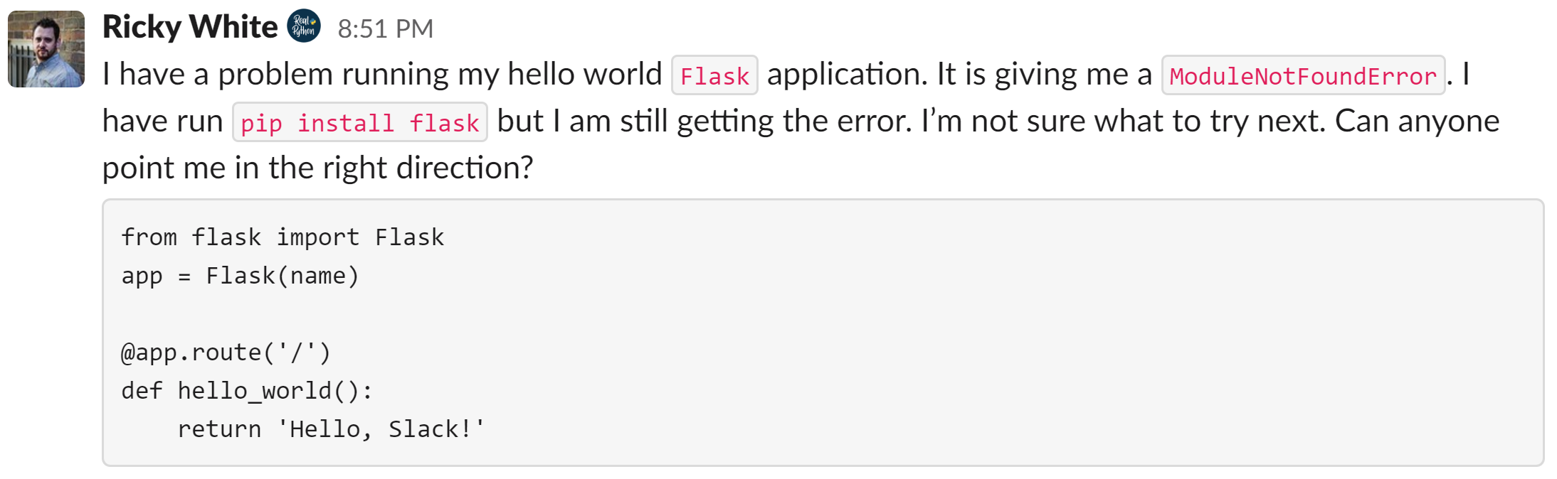 Slack code block example