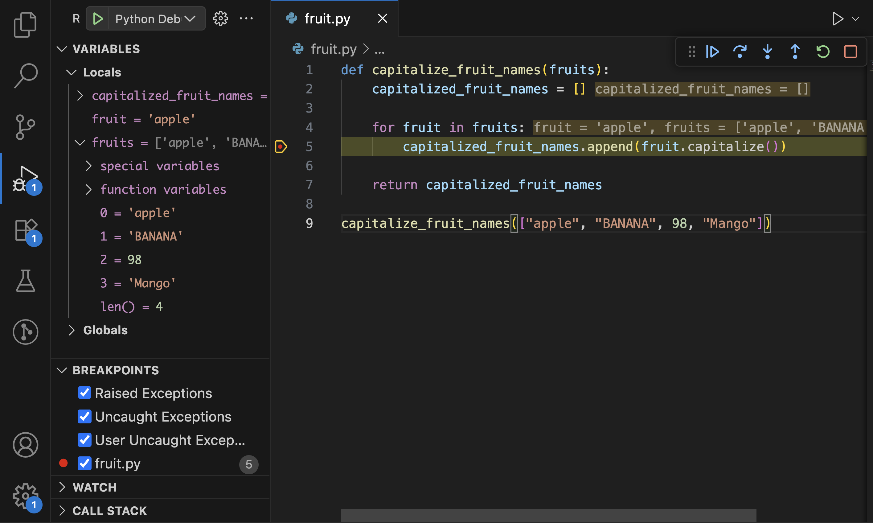 Python code showing the variables when debugging with breakpoints in Visual Studio Code
