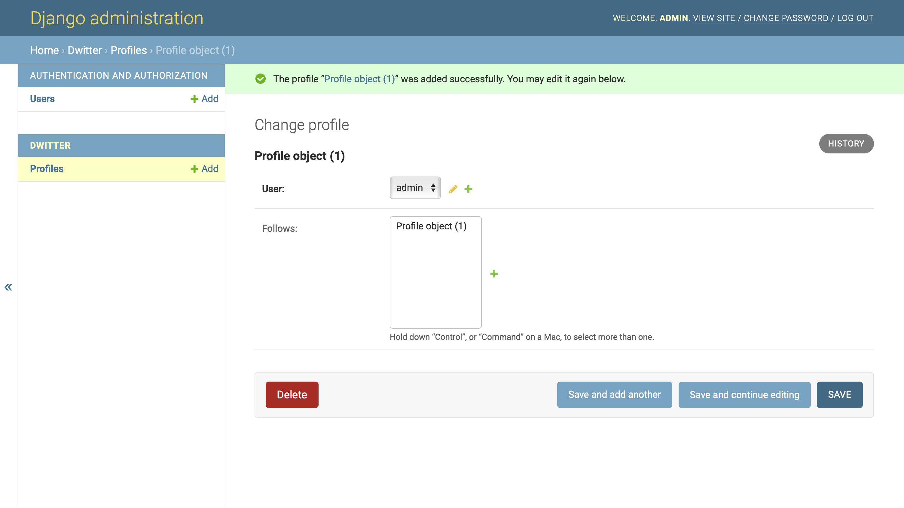 Django Admin page showing a successfully created user profile that now appears in the list the profile can follow