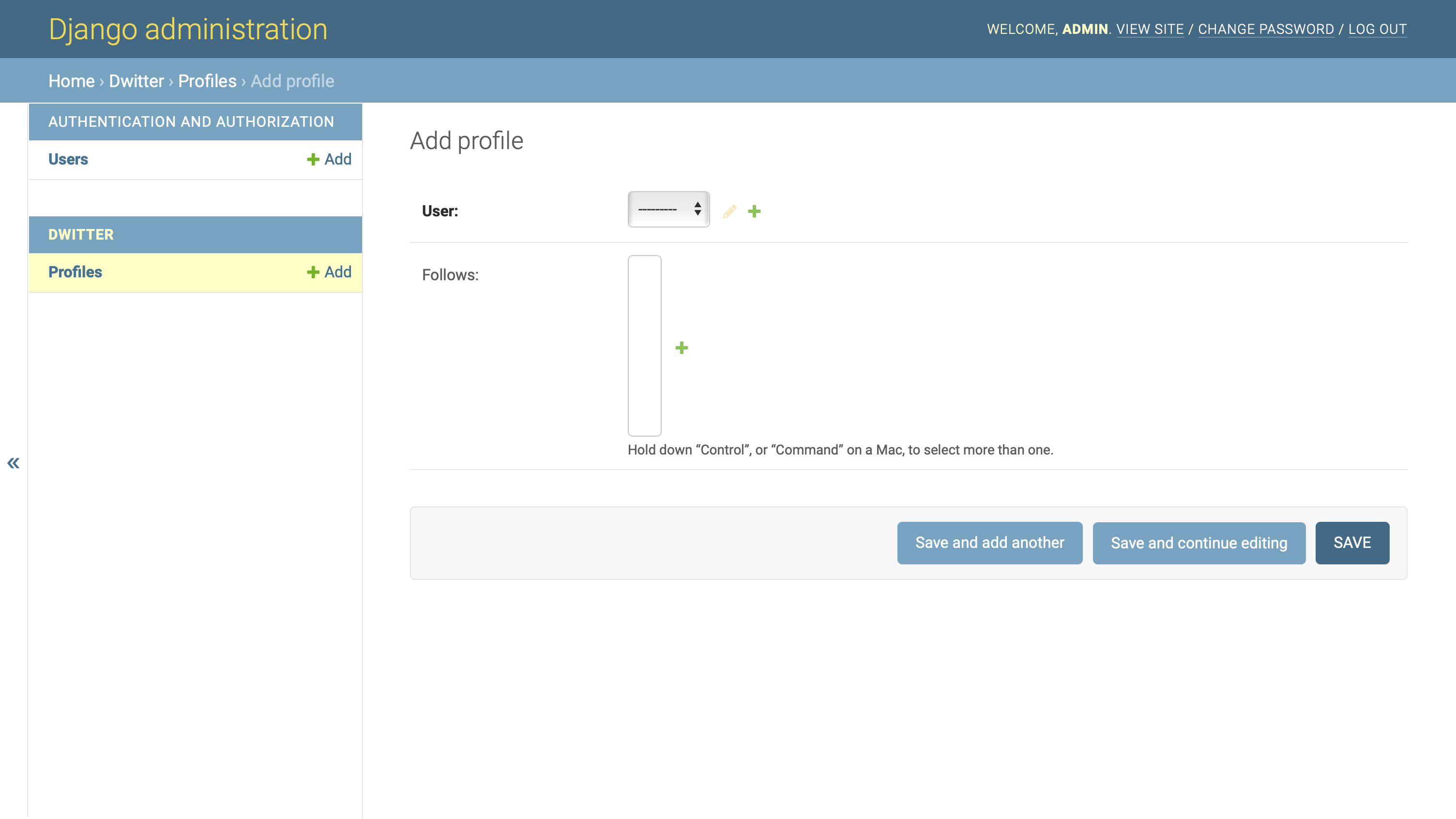 Django Admin interface page to create a new user profile
