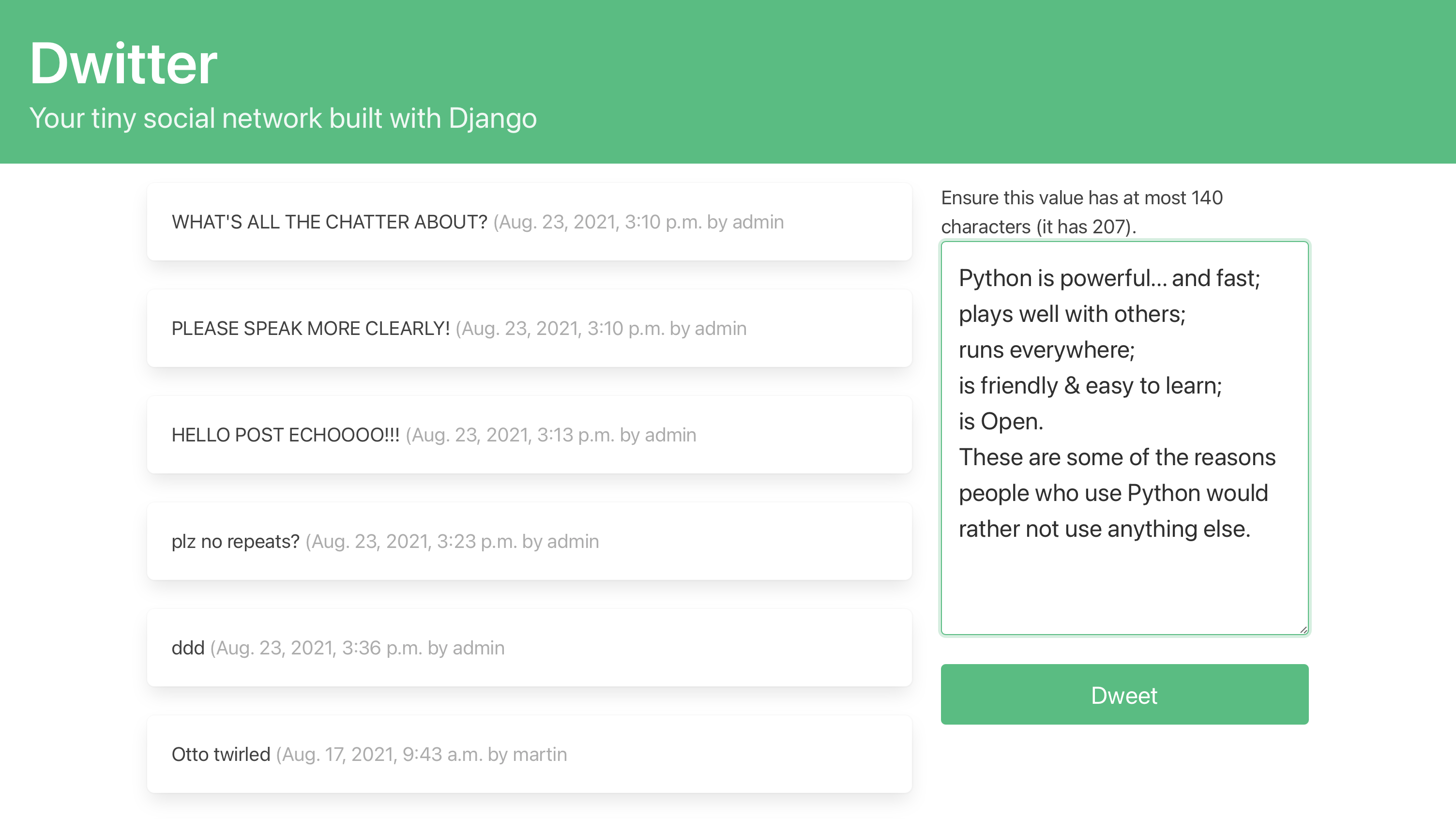 Dashboard showing a form error message sent by Django when attempting to submit a Dweet that exceeds the character limit