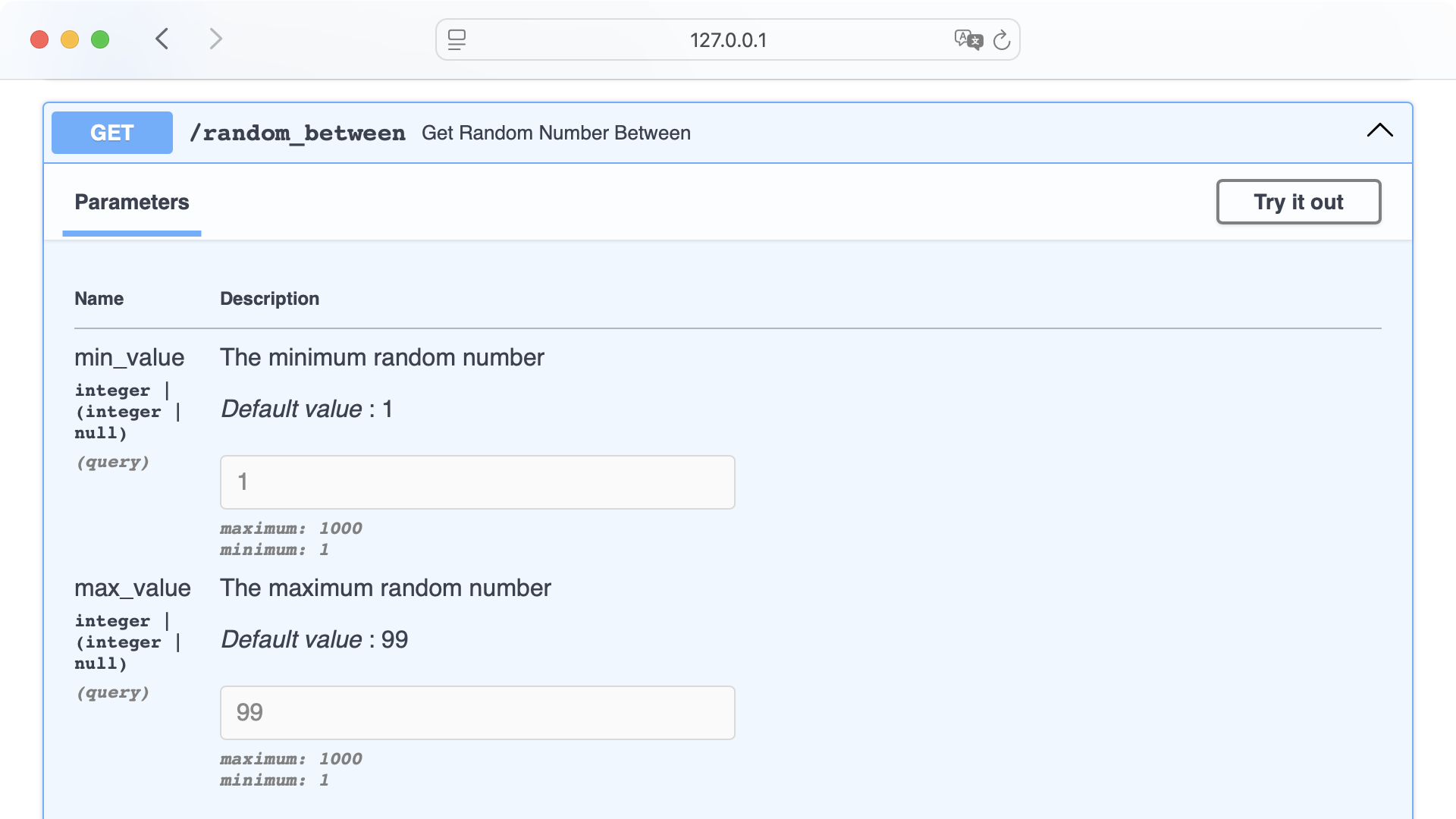 API constraints shown in the Swagger UI