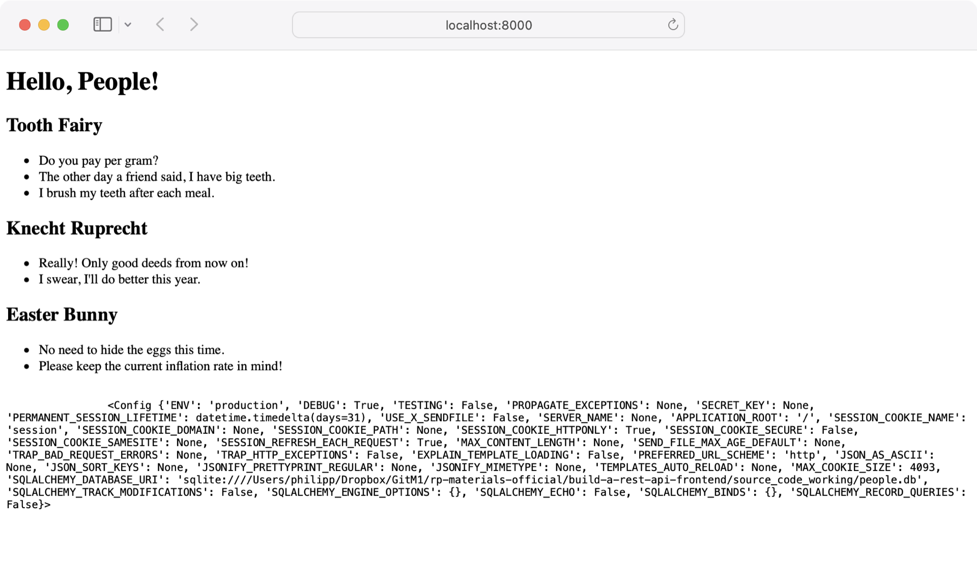 Screenshot of Flask website with debug information