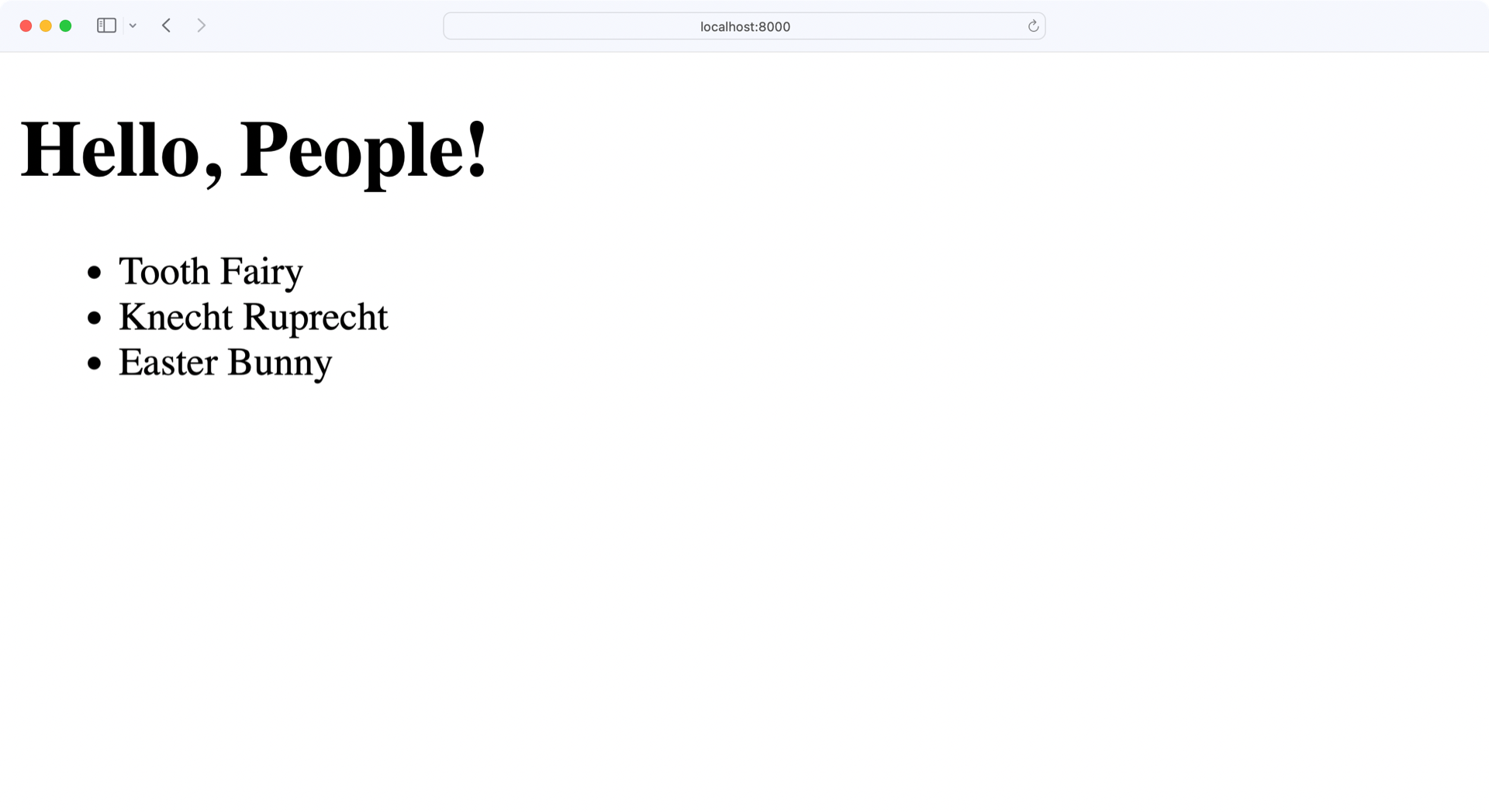 Screenshot of Flask Hello World website with a people list