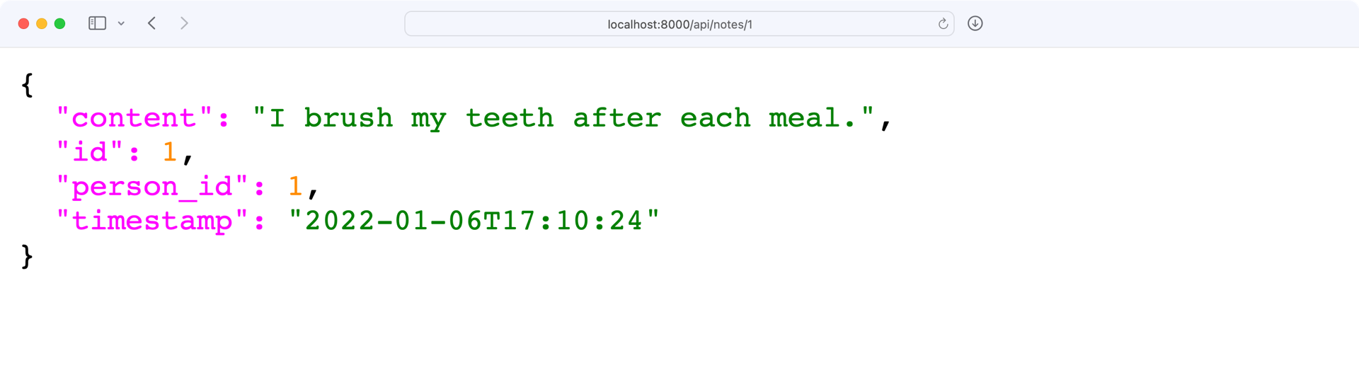 Screenshot of API response with one note