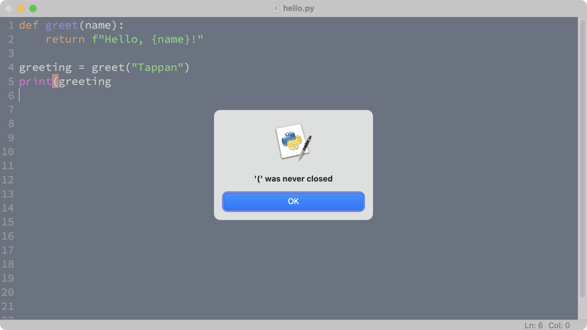 IDLE dialog informing the user about an error in the code