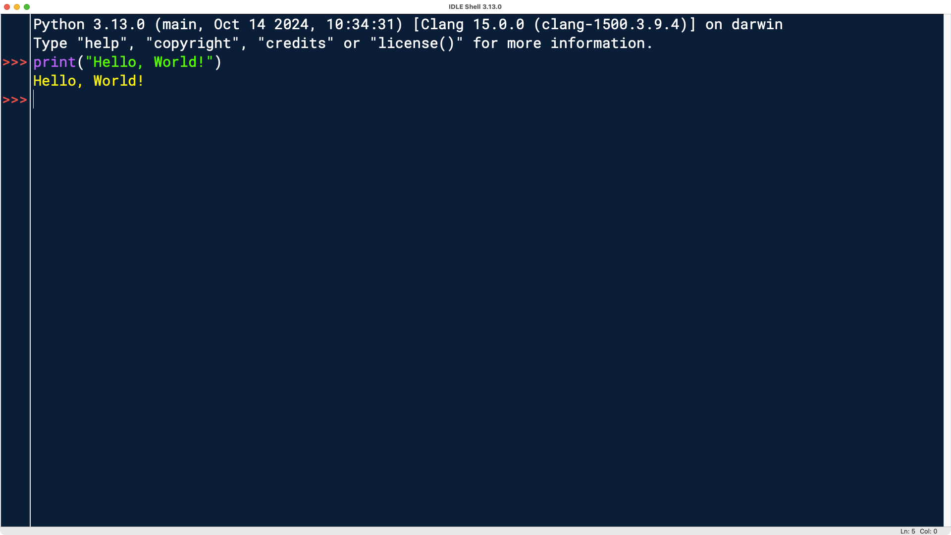IDLE interactive window showing the code for printing "Hello, World!"