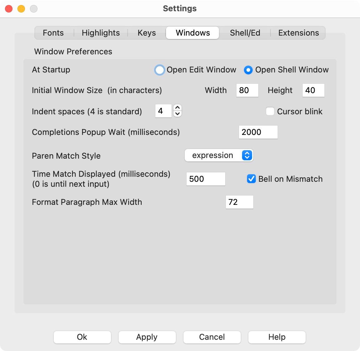 IDLE windows settings