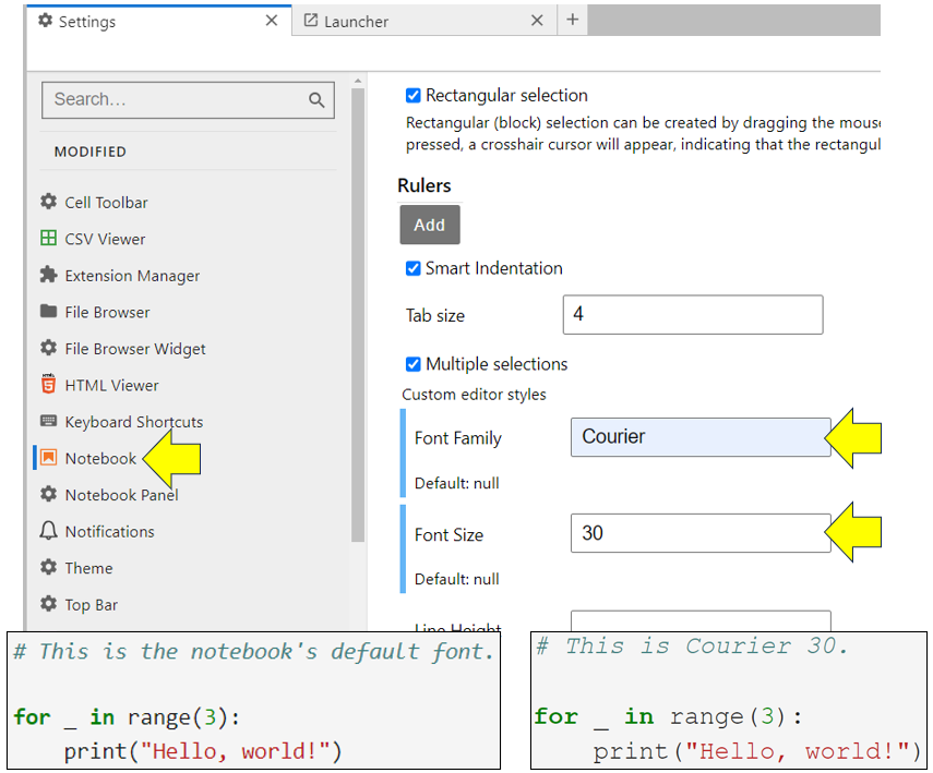 changing font size and family