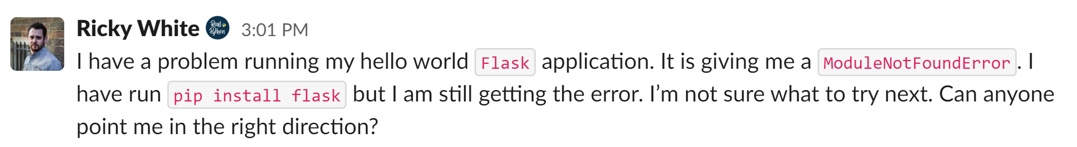 Inline code Slack example