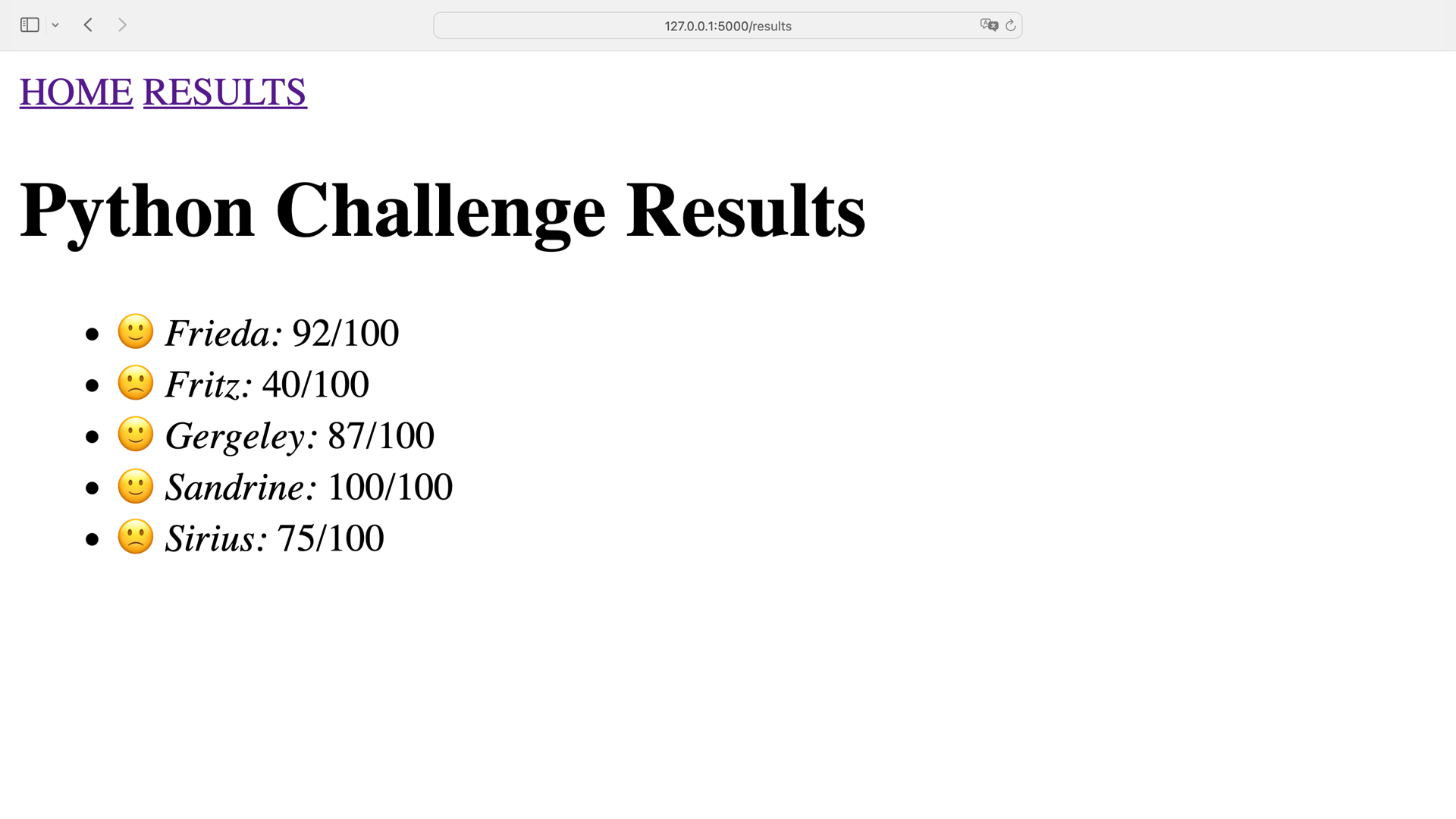 Screenshot of website with sorted student results