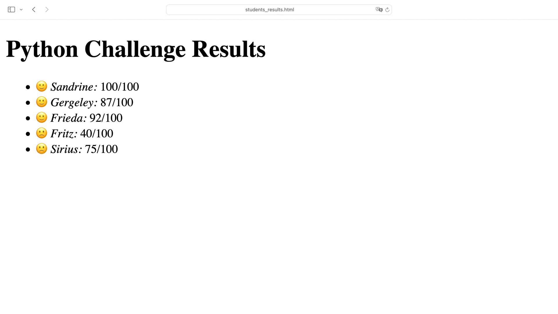 Screenshot of a website showing results