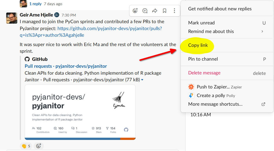 The Slack copy link option