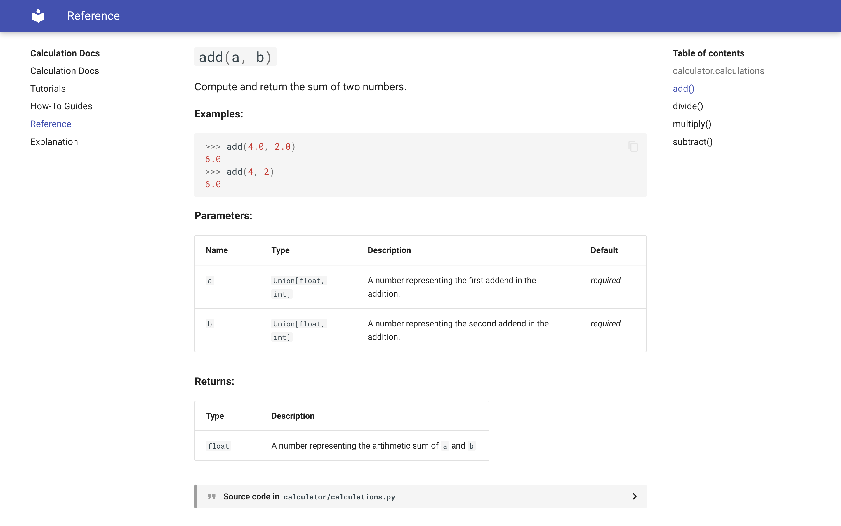 The Reference page of the documentation filled with information gathered from docstrings in the code