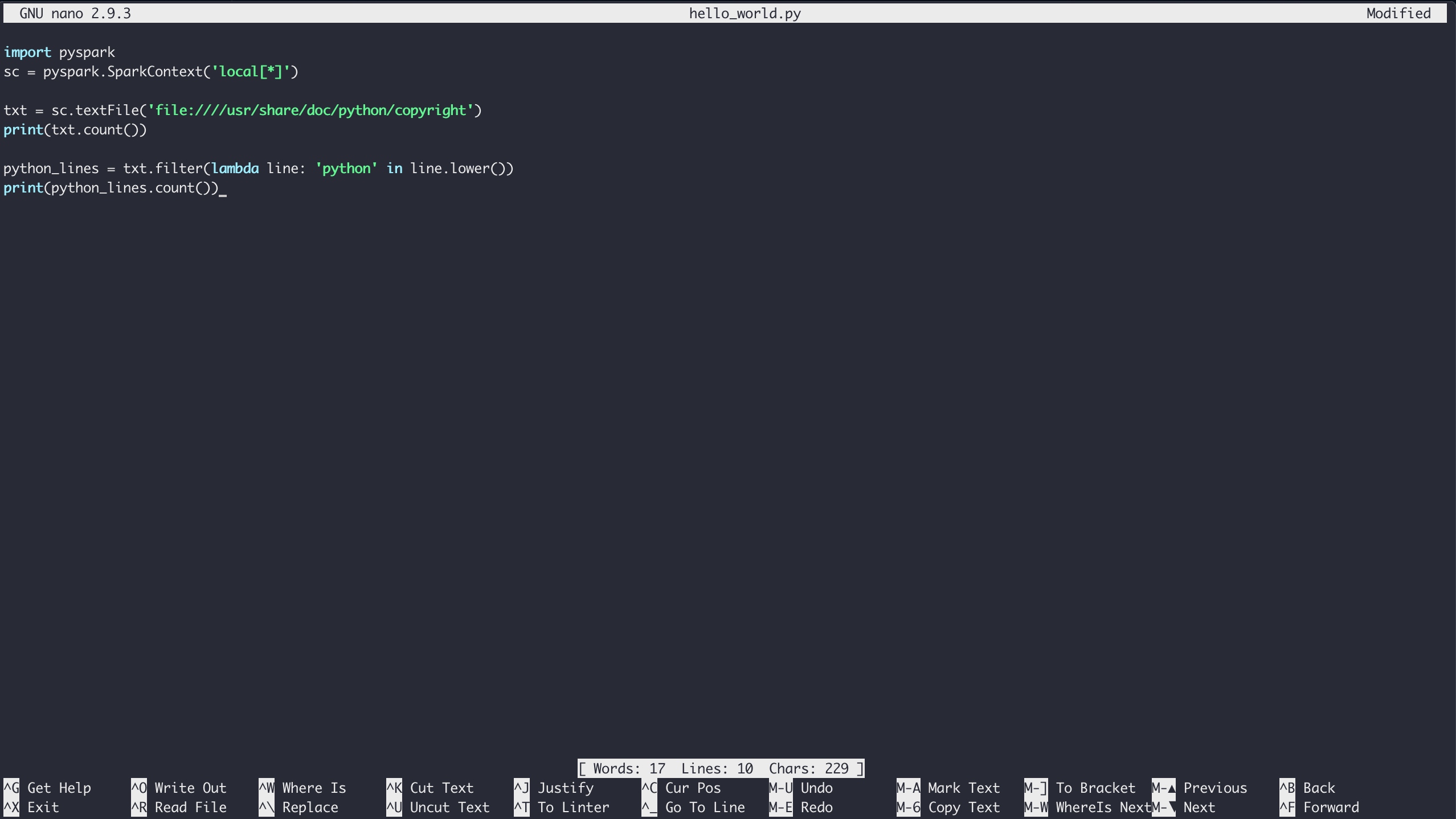 Example using Nano Text Editor