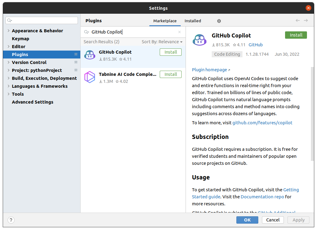 GitHub Copilot Plugin for PyCharm