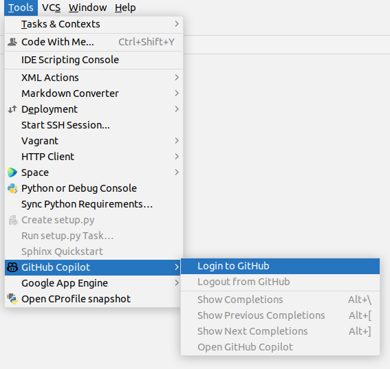 GitHub Login Menu in PyCharm