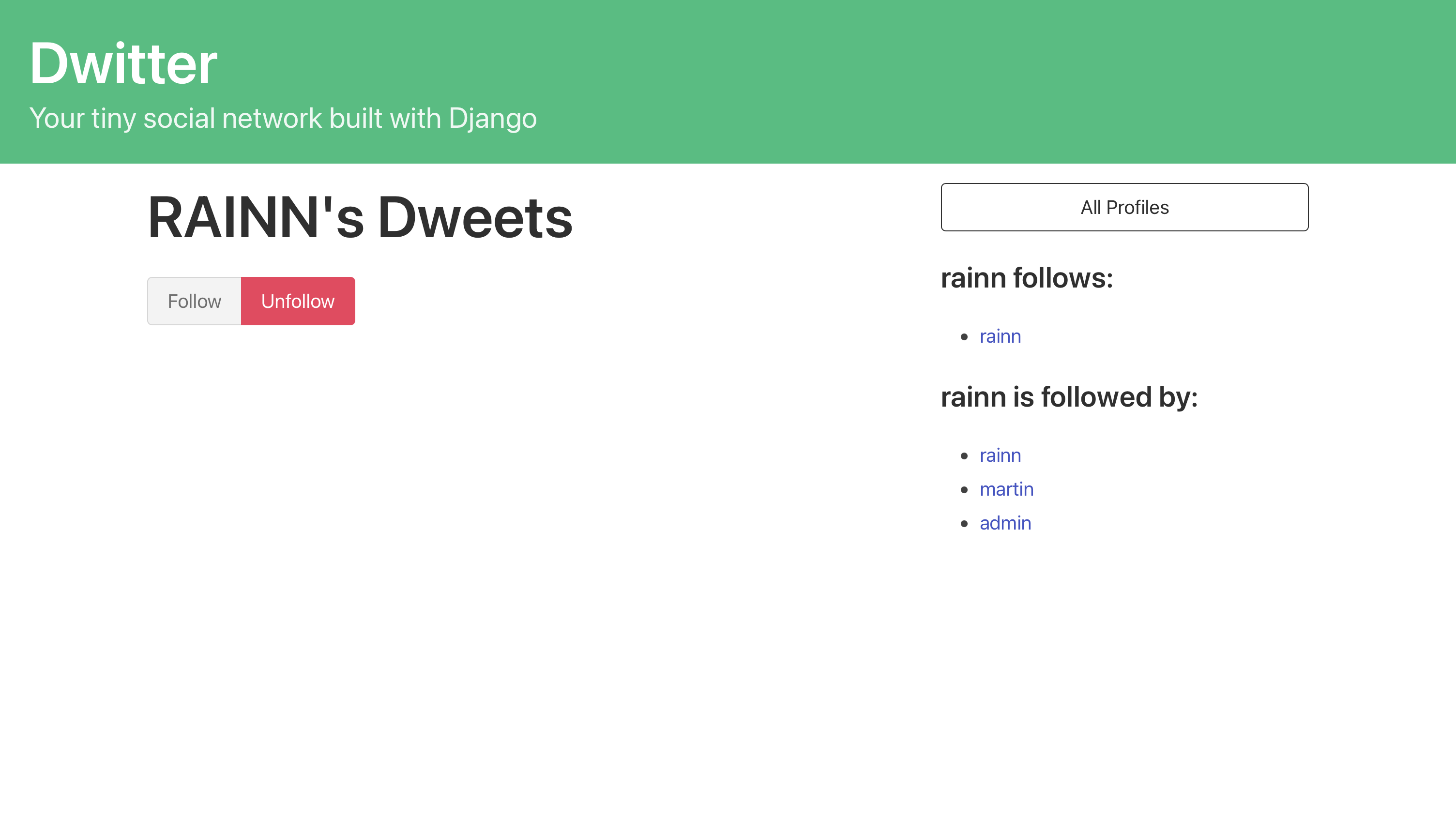 Profile page showing the Follow button grayed out, because the current user already follows the profile