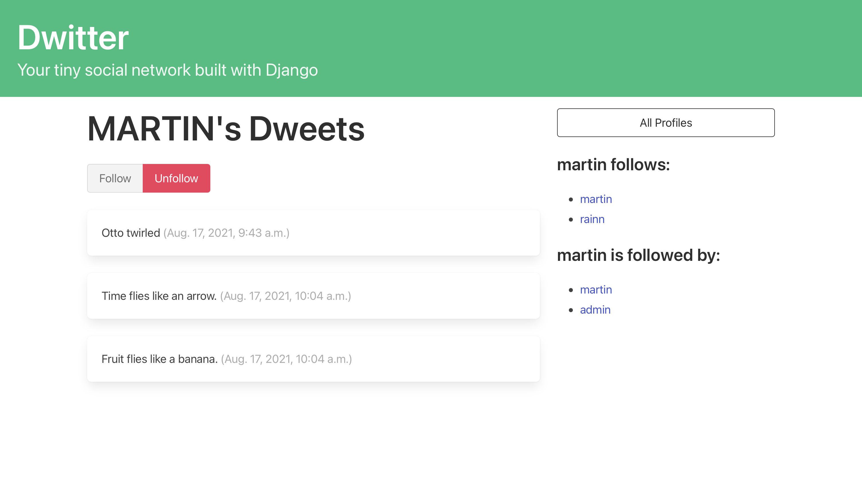 Profile page displaying all the user's dweets