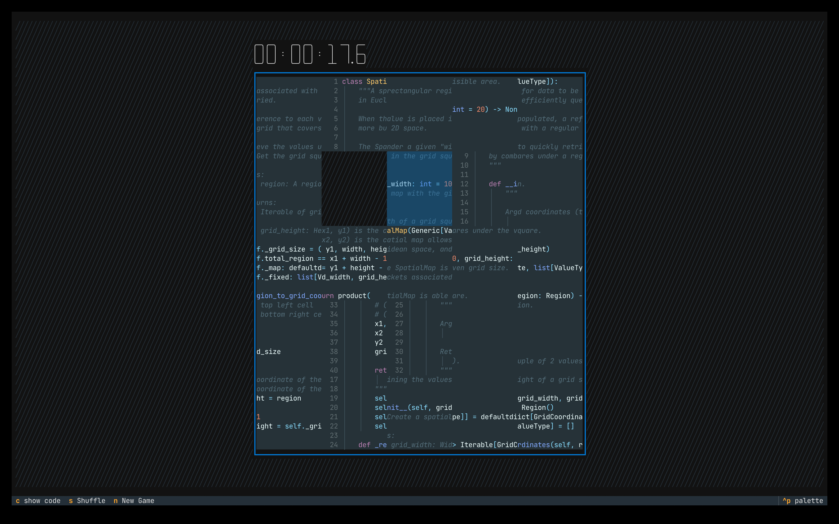 A Textual interface showing a shuffle game with Python code snippets on it