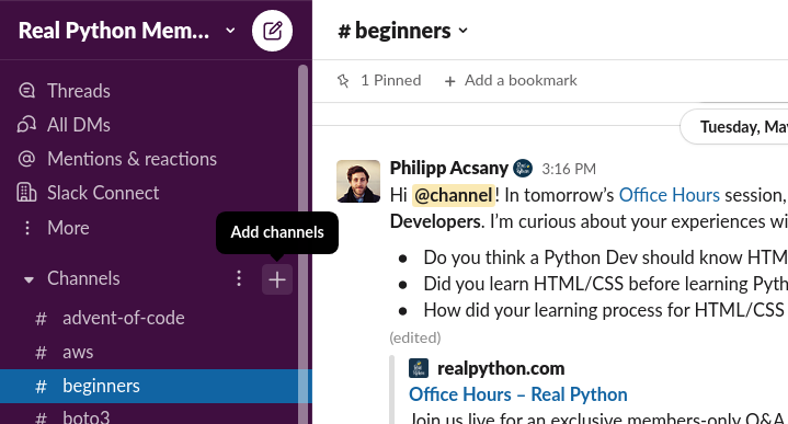Slack add channels button