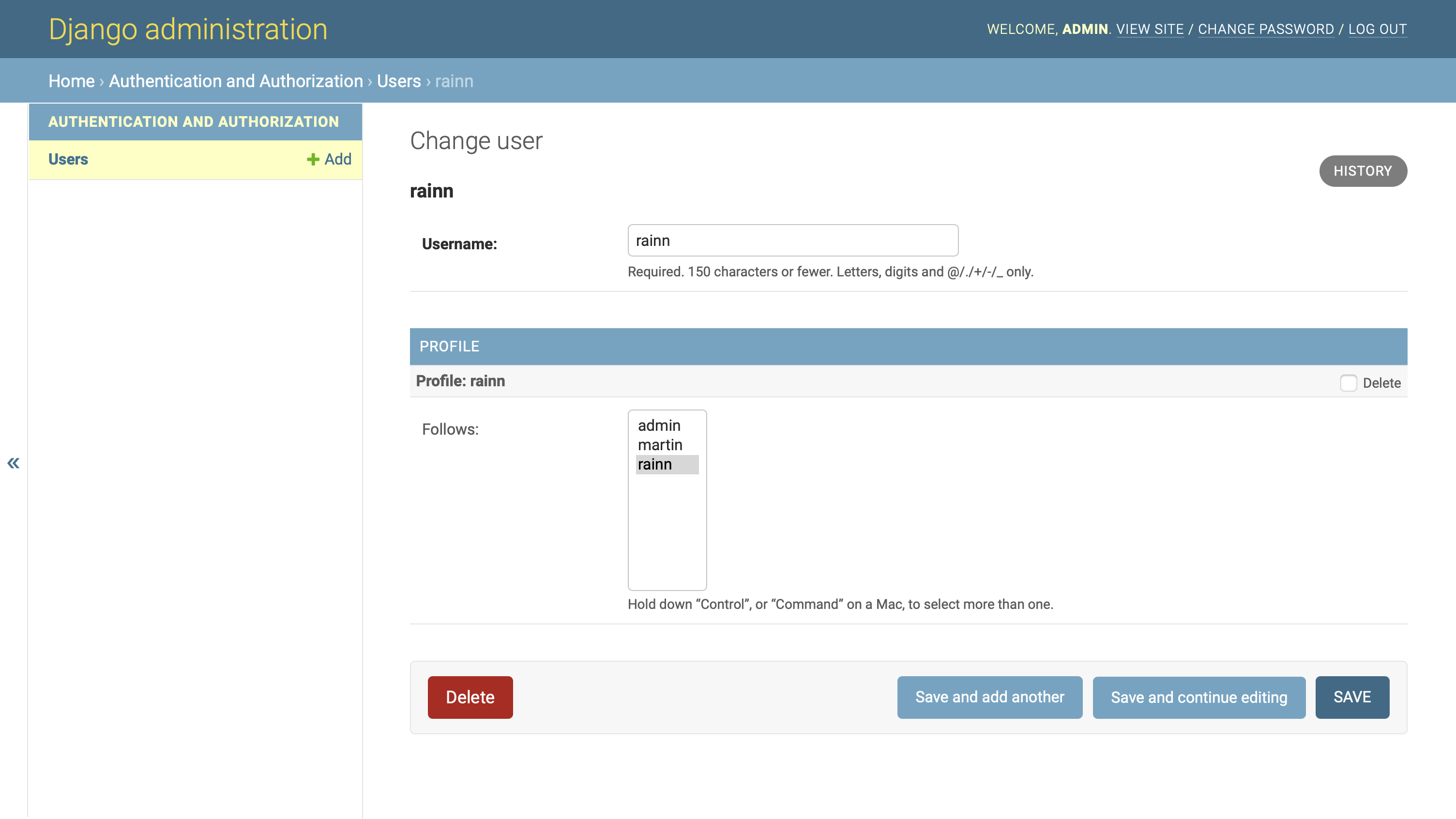 Admin interface showing the new user's change page where their newly created profile is highlighted, indicating that the profile is following itself