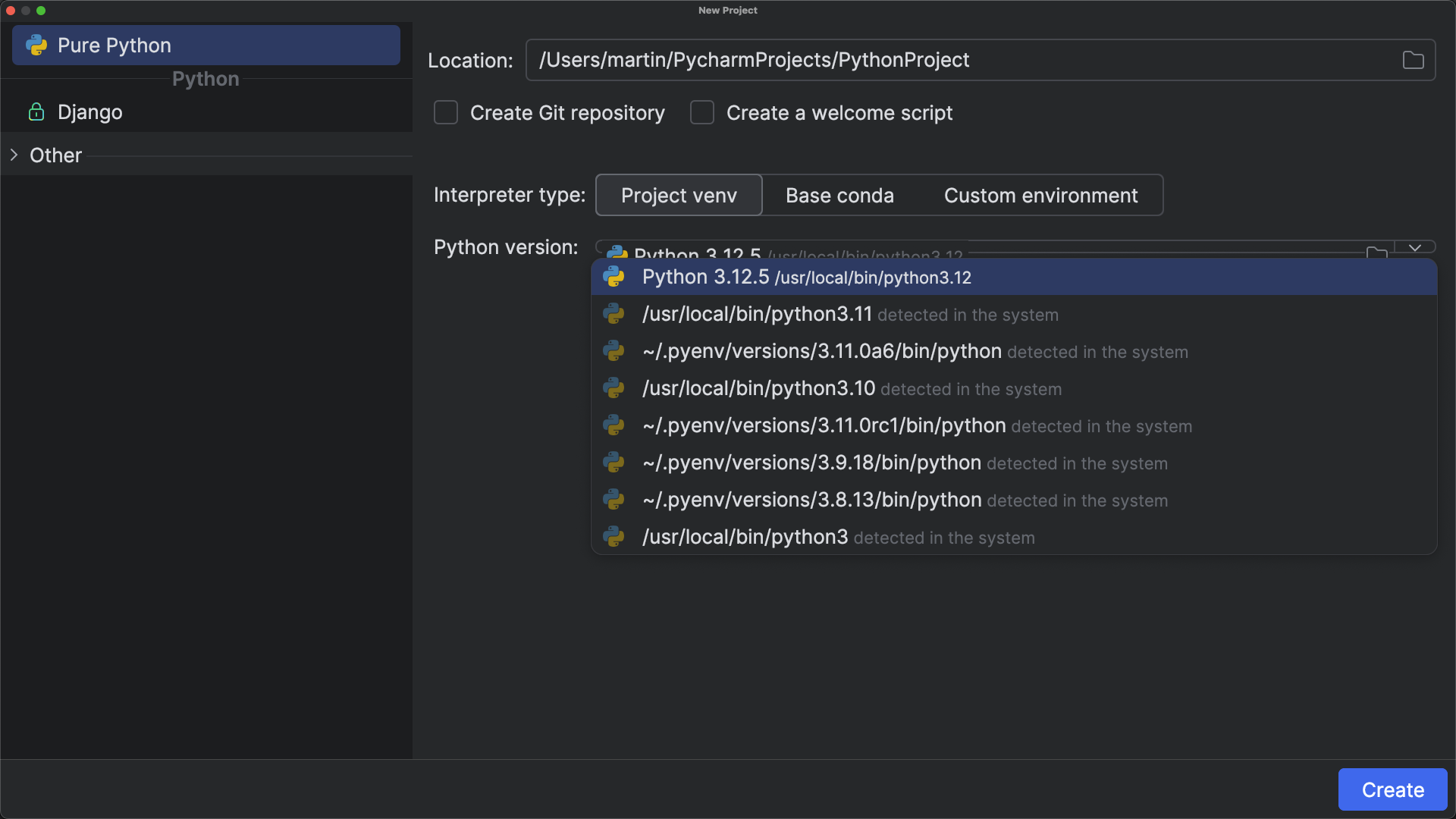PyCharm window prompting you to create a new virtual environment for a new project