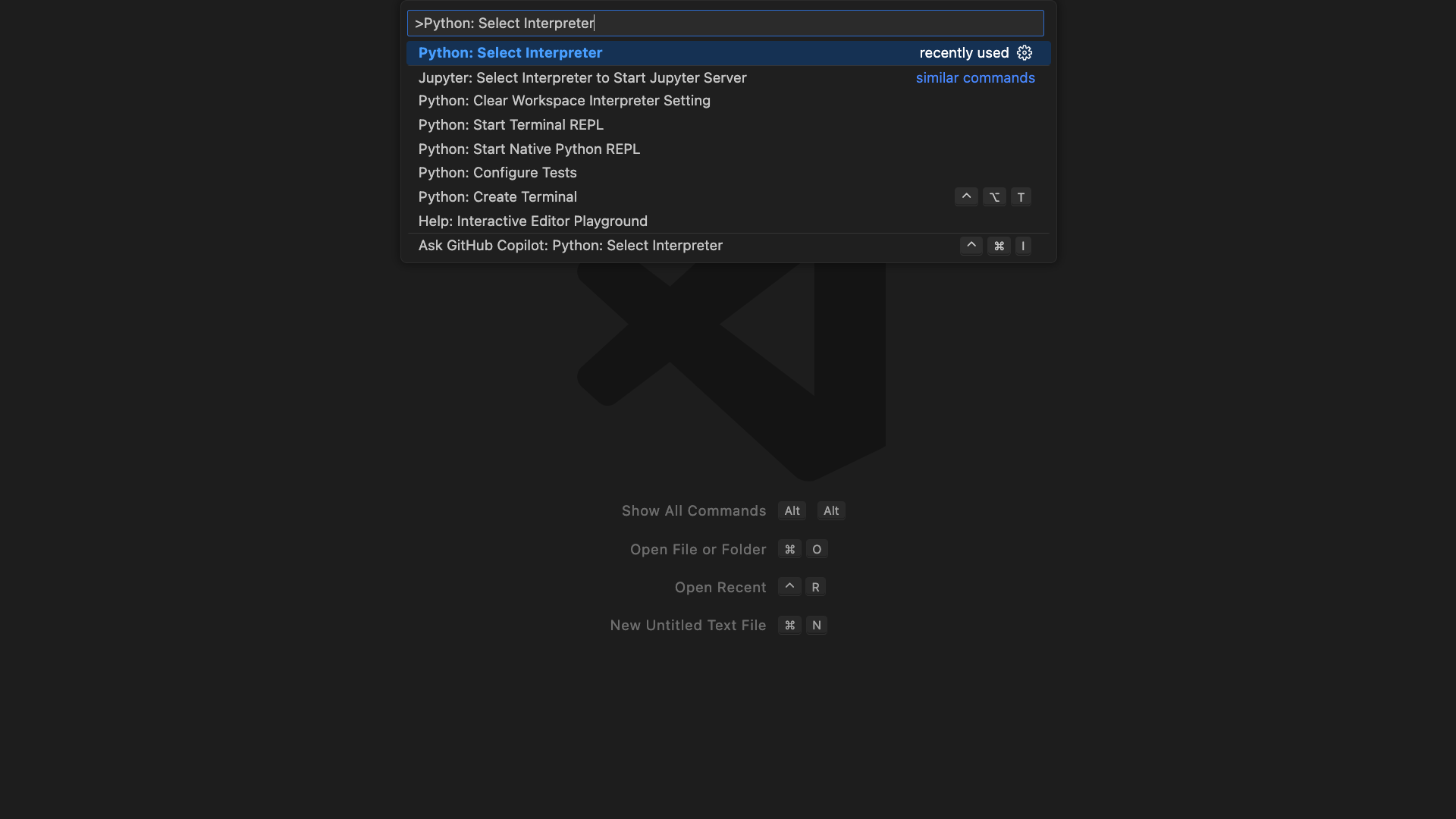 A view of the VS Code editor with an open command prompt showing the option to select the Python interpreter is highlighted